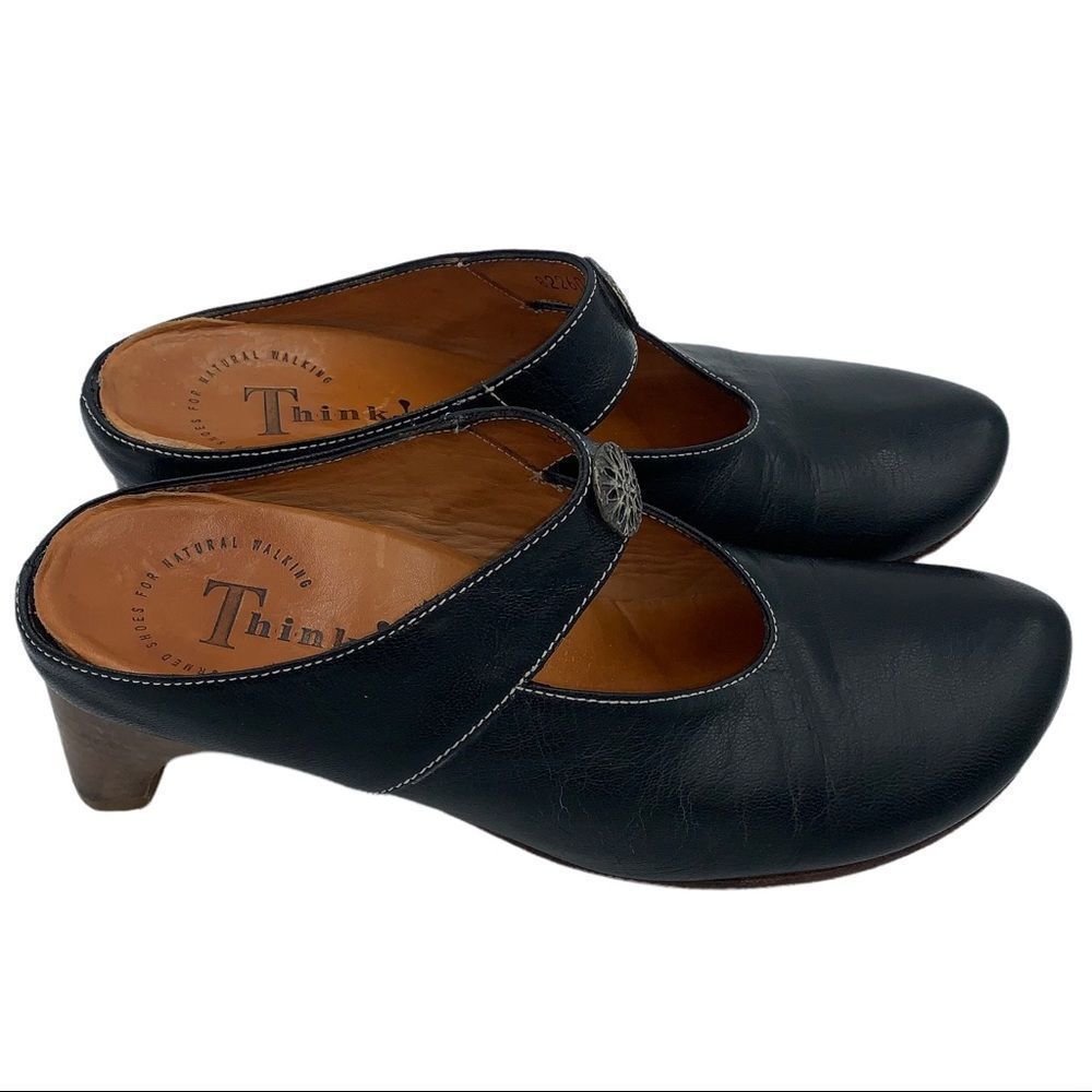 Think Womens Tapered Buckle Mules 38 Black Leather Slip On Heels Shoes Italy